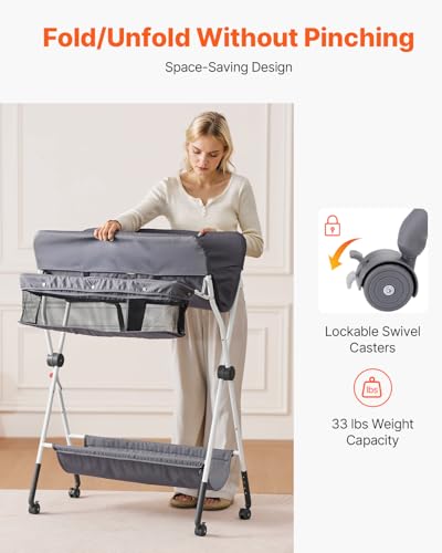 VEVOR Baby Changing Table, Foldable Diaper Change Station with Side Basket, Adjustable Height Changing Table with Lockable Wheels, Multi-Functional Nursery Storage Organizer, Dark Gray