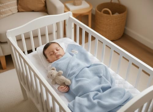 Bleu La La - 100% Organic Cotton Heritage Knit Textured Baby Quilt Blanket for Boys – Signature Heritage Knit, Soft Breathable Newborn Baby Blanket (Heritage - Sky Blue)
