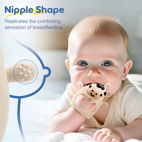 TOHIBEE 2 Packs Baby Teething Toys for 0-6 6-12 Months, Food Grade Silicone Adjustable Cow Teething Mitten, Chew Teether Toys for Teething Pain Relief, Baby and New Born Essentials, Blue & White