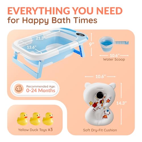 Collapsible Baby Bathtub for Newborn Infant Girl & Boy 0-24 Months, Foldable Portable Bathtub with Thermometer, Heat Sensor, Drain Plug, Water Scoop, Cushion Pillow, Compact Travel Bath Tub for Shower