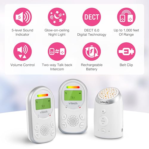 VTech 2 Parent Units Digital Audio Baby Monitor with Glow-on-Ceiling Night Light, Up to 1,000ft of Range, Vibrating Sound-Alert, Two-Way Talk Intercom, Sound Indicator, Secure Transmission: TM8212-2