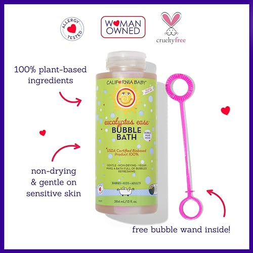 California Baby Eucalyptus Bubble Bath | 100% Plant-Based Kids Bubble Bath | Soothing Baby Bubble Bath | Free Bubble Wand Inside | 384 mL / 13oz