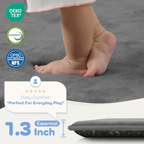 PAPAMAT 1.3" Thick Baby Floor Play Mat 50x50, Basic Padded Foam Mat for Tummy Time Crawling, Non Slip Cushioned for Babies Toddlers Infants Kids (Dark Grey)