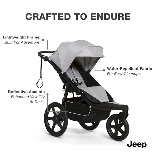 Delta Children - Jeep PowerGlyde Pro Jogging Stroller - 1-Step Back Brake & Hand Deceleration Disc Brakes for Speed Control - 1 Hand Fold, Soft Gray