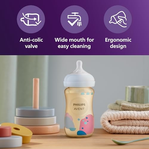Philips Avent PPSU Natural Baby Bottles with Medium Flow Nipples (Flow 3), 9oz, with Decoration, 2-Pack, SCY943/02
