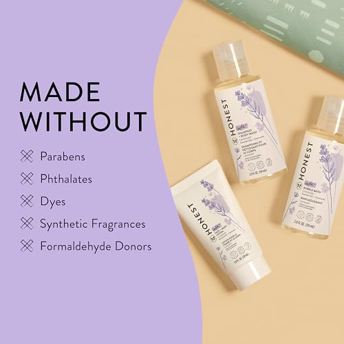 The Honest Company Babe's Mini Must Haves Gift Set Travel Size Hypoallergenic Lavender Bathtime Essentials Shampoo Body Wash (2 fl oz) Face Lotion (1 Bubble Bath