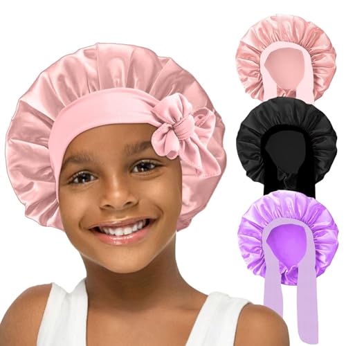FIRSTPELLA 3 Pcs Baby Hair Bonnet for Sleeping - Kids Silk Satin Bonnets for Girls Curly Hair,Satin Sleep Bonnet for Teens Toddler Child(Pink+Black+Purple)