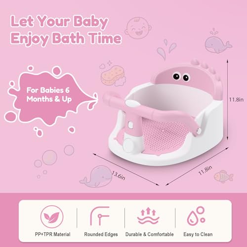 Baby Bath Seat for Babies 6 Months & Up Sitting Up | 360° Stable Toddler Bath Chair with One-Touch Button | Baby Bath Tub Seat with Suction Cups | Open Design, Compact, Detachable, Non-Slip (Pink)