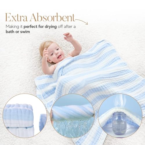 HardNok Muslin Hooded Baby Towel 4 Pack, 100% Organic Premium Cotton, (2) 6-Layer 32x32 Bath Towels & (2) Washcloths, Soft Newborn & Infant Gift Set (Blue Stripe & White)