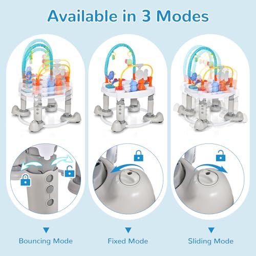 INFANS Baby Bouncer Activity Center, 5 in 1 Toddler Bouncing Activity Saucer Playtime Mat Activity Table with 360°Rotating Seat, 3 Adjustable Height, Foldable Exersaucer Learning Walker (Light Grey)