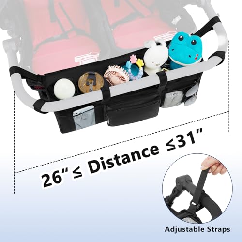 VMEECARL Double Stroller Organizer Universal with 2 Insulated Cup Holders & Cooler Bag, Large Storage Parent Console for Bob Duallie, Baby Jogger City Mini GT2