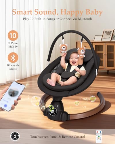 Baby Swing for Infants, Electric Baby Swing with Bluetooth, Portable Infant Swing with 5 Speeds, 10 Songs, 5-Point Harness & Remote Control, for Newborns Infants Indoor Outdoor Use (Black)