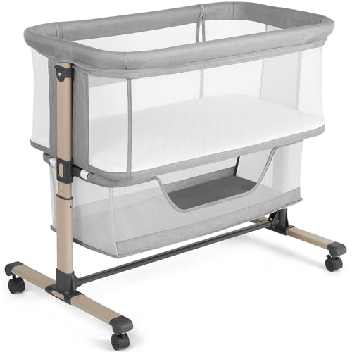 Cowiewie Bassinet Bedside Sleeper, Portable, Breathable, Adjustable Baby Bedside Bassinet for Peaceful Nights, Light Grey