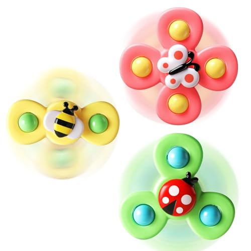 ALASOU 3PCS Suction Cup Spinner Toys for 1 Year Old Boy Girl|Spinning Top 12 18 Months|1 2 Year Old Boy Birthday Gift|Baby Bath Toy for Kids Ages 1-3|Sensory Airplane Travel Toy for Infant Toddlers