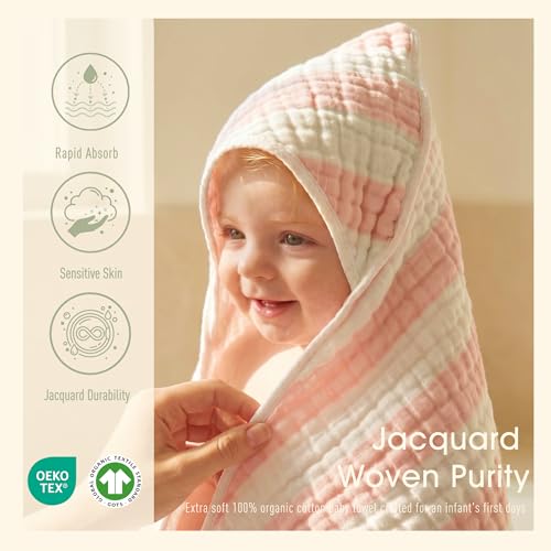 HardNok Muslin Hooded Baby Towel 4 Pack, 100% Organic Premium Cotton, (2) 6-Layer 32x32 Bath Towels & (2) Washcloths, Soft Newborn & Infant Gift Set (Pink Stripe & White)