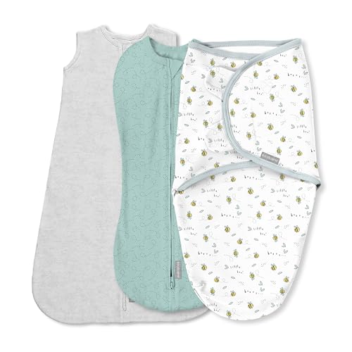 SwaddleMe by Ingenuity Comfort Pack Baby Swaddle Set, Size 0-3 Months, 5-14 Pounds, SwaddleMe Pod, Original Swaddle, Night Sack, 3pk - Little Bees