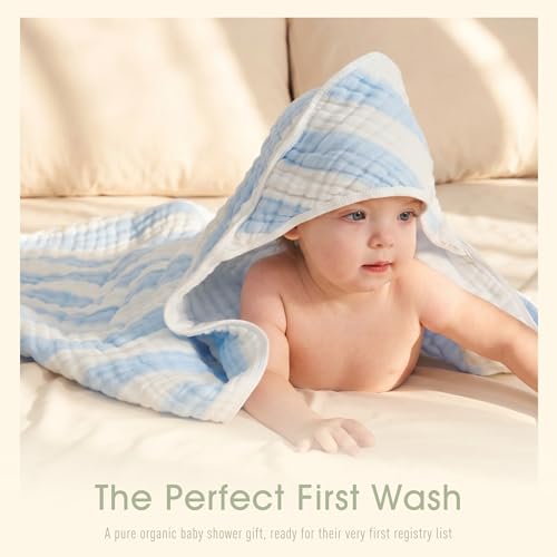 HardNok Muslin Hooded Baby Towel 4 Pack, 100% Organic Premium Cotton, (2) 6-Layer 32x32 Bath Towels & (2) Washcloths, Soft Newborn & Infant Gift Set (Blue Stripe & White)