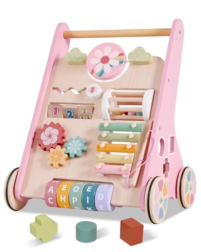 Wooden Baby Walker with Wheels, Adjustable Speed Baby Push Walker, Montessori Walking Toys for Girls Boys, Push and Pull Learning with Baby Activity Center, Christmas Birthday Gifts for Toddler