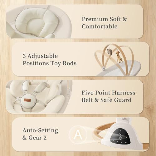 Baby Swings for Infants, TinyGlow Baby Swing, Electric Baby Swing with Remote Control, Portable Infant Swing for Indoor & Outdoor Use (Beige)