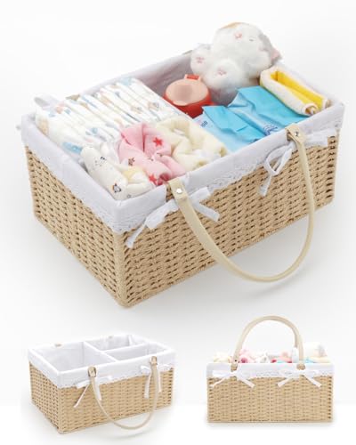 FUFAXHX Large Baby Diaper Caddy Basket - Wicker Paper Rope Storage Baskets Portable Woven Car Organizer for Diapers With Cotton Divider Brown