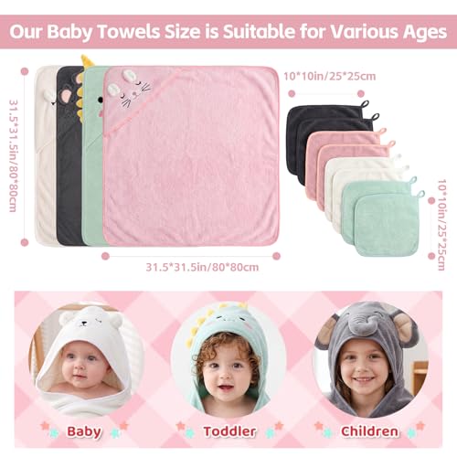 12-Piece Baby Towel Set – 4 Hooded Bath Towels (31"x31") + 8 Washcloths (10"x10") – Soft & Absorbent for Newborns, Infants, Toddlers & Kids – Unisex Gift for Baby Boy or Girl
