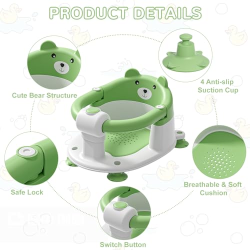 Baby Bath Seat for Babies 5-10 Months, Non-Slip Toddler Bath Seats for Babies Sitting Up, Safe Infant & Newborn Bathtub Chair with 4 Suction Cups & Soft Cushion for Shower,Green