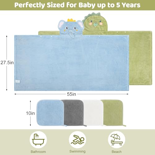 6 PCS Toddler Towels Set for Boy Girl 0-5 Year, 2 PCS Absorbent Hooded Baby Bath Towels Large 55" x 27.5" & 4 PCS Washcloths, Ultra Soft Toddler Newborn Bath Essentials Gifts, Dinosaur & Elephant