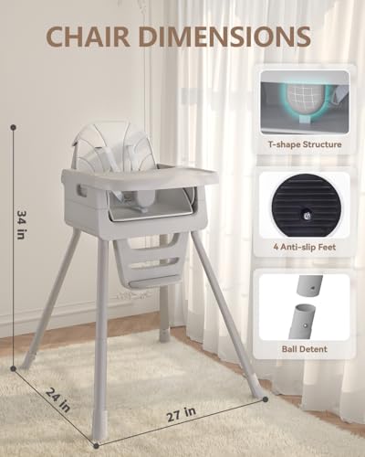 EverKiddo Baby High Chair for 6 Months+, Foldable High Chairs for Babies and Toddlers, Convertible High Chair, Adjustable Tray & Footrest, Portable High Chair & Easy to Clean(Gray)
