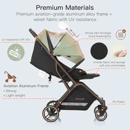 Gromast Gravity Folding Baby Stroller - Portable Travel Toddler Stroller w/Adjustable Backrest, Canopy & Cup Holder, Lightweight and UV Protected, One-Hand Automatic Folding - Green