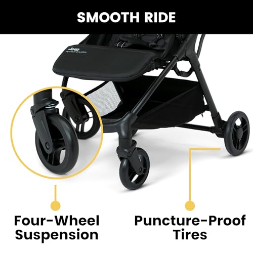 Jeep Altitude Compact Travel Stroller by Delta Children Greenguard Gold, Easy One Hand Fold, Lightweight, Extendable Canopy with Peek-a-Boo Window, Reclining Seat, 4 Wheel Suspension, Black