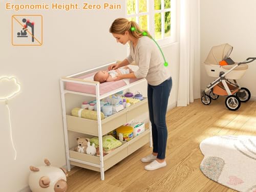 Cidaziya Baby Changing Table with Safety Bumper, Sturdy Diaper Change Station with Adjustable Devider in Large Storage Bin, Nursery Dresser for for Cloth Change, Baby Furniture Diaper Organizer,White