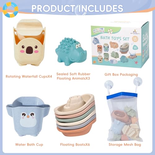 Baby Bath Toys for Kids Ages 1-3, 14 Pack Mold Free Bath Toys Toddlers 2-4 Bathtub Toys with Floating Boats&Cups and No Hole Bath Toy for Babies 6-12 Months Gifts for Boys & Girls