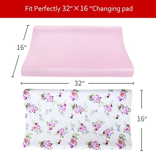 Changing Pad Cover for Girls 2 Pack, Lovely Print Soft Diaper Change Table Sheets, Fit 32"x16" Contoured Pad, Comfy Cozy 2-Pack Cradle Sheets,Floral