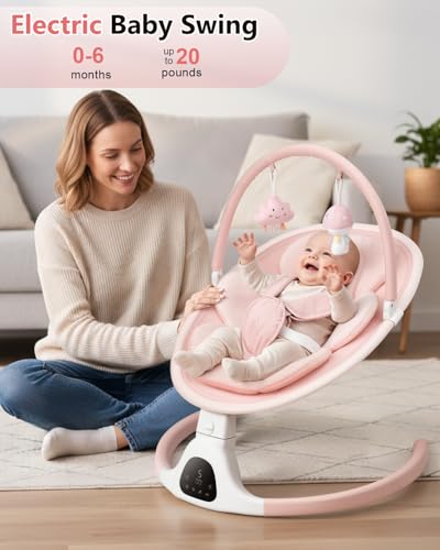 Baby Swing for Infants, Infant Swing with 5 Swing Speed, Built-in Soothe Melodies, 5-Point Harness, Electric Infant Swing with Bluetooth for Indoor & Outdoor Use (Pink)