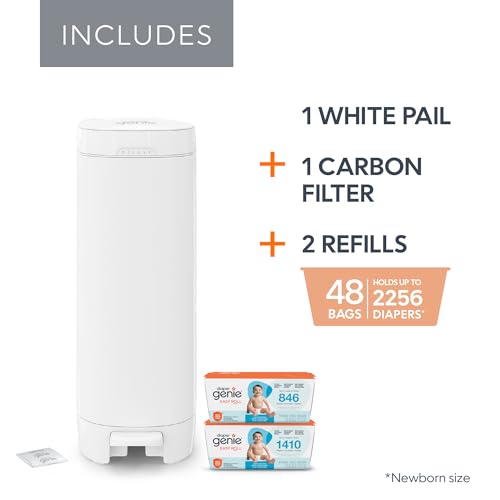 Diaper Genie Deluxe Gift Set Pail – Diaper Disposal Made in Stainless Steel | Hands-Free Foot Pedal & Easy-Glide Function| Includes 2 Easy Roll Refills (48 Bags) | Baby Shower Gift