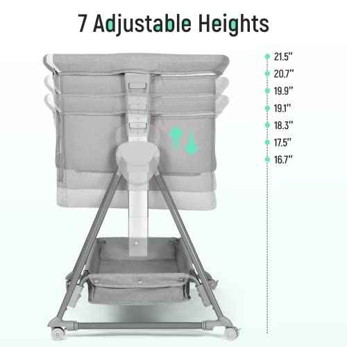 Cowiewie Bassinet Bedside Sleeper, Baby Bassinet with 7 Adjustable Height, Bedside Bassinet for Baby with Storage, Breathable Mesh & Mattress, Portable Bassinet Easy Folding (Pyramid Light Gray)