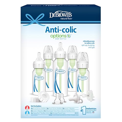 Dr. Brown's Natural Flow Anti-Colic Options+ Narrow Baby Bottle Gift Set with Advantage Pacifier & Bottle Travel Caps, 0m+