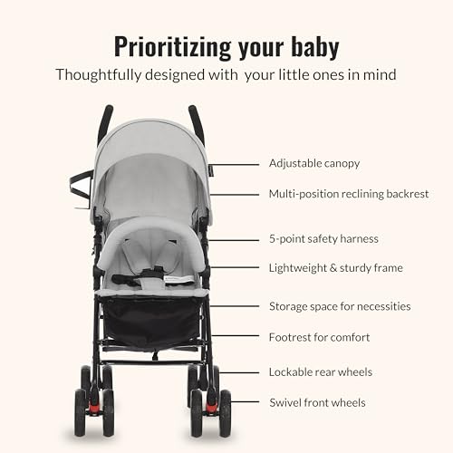 Dream On Me Vista Moonwalk Baby Stroller, Lightweight Travel Umbrella Stroller with Compact Fold, Smooth Ride Wheels, Multi-Position Recline, Spacious Storage Basket with Cup Holder, Light Gray