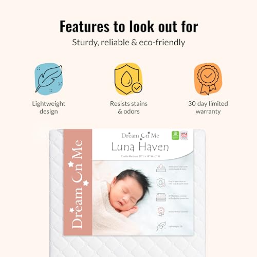 Dream On Me Luna Haven 2" Cradle Mattress – Lightweight Firm Polyester Fiber Core, Waterproof & Easy-Clean, Stain & Odor Resistant, Greenguard Gold and BSA Certified (36" L x 18" W x 2" H)