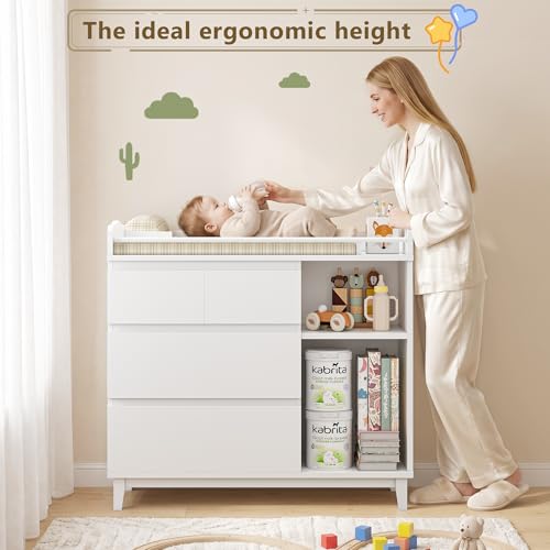 Einhomn Baby Changing Table Top, Multi-Functional Nursery Changing Table, 4 Drawers with 2 Open Shelves, Bedroom, White