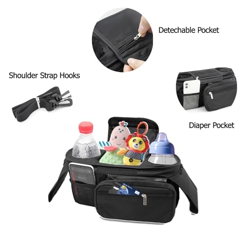 PandaEar Universal Stroller Organizer with Insulated Cup Holders, Parent Console Caddy with Detachable Shoulder Strap & Phone Pouch, Large Capacity Stroller Accessories Bag