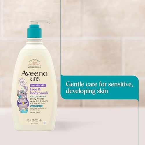 Aveeno Kids Sensitive Skin Face & Body Wash, Nourishing Oat Extract, Wash Away Dirt and Germs Without Drying, Kids Body Wash is Tear-Free, Hypoallergenic, Sulfate- & Dye-Free, 18 Fl Oz