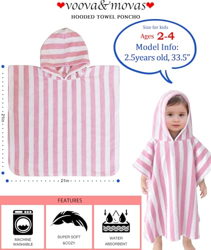 VOOVA & MOVAS Toddler Towels with Hood, Oversized (2-4Years,21"X21") Made from 100% Soft Cotton,Absorbent Hooded Poncho Towel for Baby Girls,Perfect for Pool | Swimming | Bath | Beach,Pink Stripe