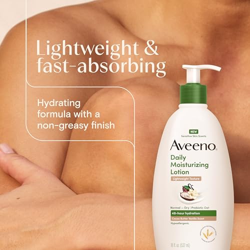 Aveeno Daily Moisturizing Lotion with A Cocoa Butter Vanilla Scent & Soothing Prebiotic Oat, Lightweight Lotion Provides 48-Hour Hydration for Sensitive Skin, Hypoallergenic, 18 fl. oz