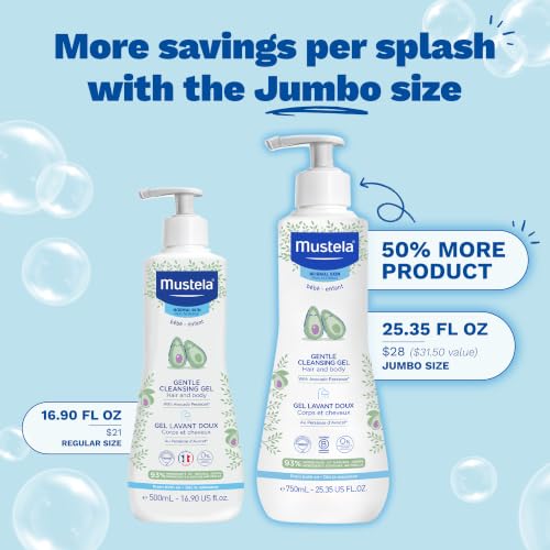 Mustela Gentle Cleansing Gel - Baby Wash for Delicate Skin and Hair - Newborn-Safe Cleanser - Crafted with Natural Avocado Perseose - Various Sizes - 25.35 fl. oz.