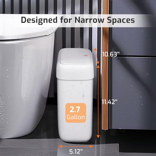 MOPALL Small Bathroom Trash Can with Lid, 2.6 Gallons / 10 L Slim Plastic Garbage Bin with Pop-Up Lid, Mini Waste Basket Can Dog Proof for Kitchen, Bedroom, Office, Laundry, Toilet, Rv, White