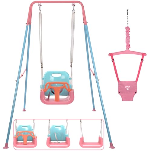 2 in 1 Toddler Swing ＆ Jumper, Swing Set for Indoor/Outdoor, Baby Jumpers and Bouncers, Easy to Assemble & Store, Suitable for Children 6 Months and Older (Pink)