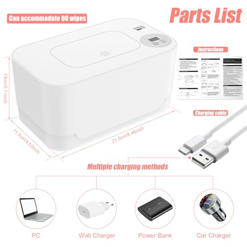 Abizarch Baby Wipe Warmer with LED Light, 104-131°F Adjustable Baby Wipe Warmer Dispenser Portable Wipe Heater Warmer USB Powered Wet Wipes Warmer D Keeps Wipes Warm and Moist for Baby(White)