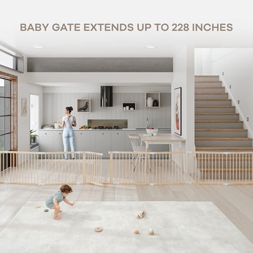 Comfy Cubs Baby Gate Playpen - 57 x 57 x 25 in, Extends Up to 228” - Pine Wood Foldable Playpen with Child-Proof Lock - Easy Assembly Baby Fence Play Area for Babies & Toddlers - Light Wood White