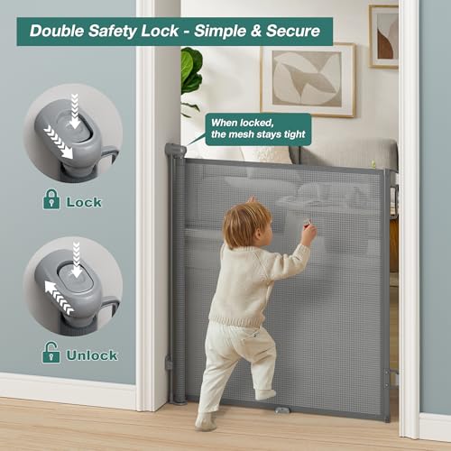 Babepai Retractable Baby Gates Extra Wide | 55" Wide x 34" Tall Dog Gates for Stairs | Indoor/Outdoor Use | Child Gates for Doorways, Deck, Porch, Hallways, Patio - Gray